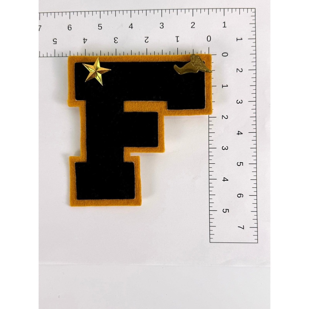 Vintage Varsity Letter F Patch Chenille Felt Black Gold Track Star Winged Foot - Picture 6 of 6